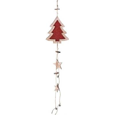 Záves drevo stromček prírodný s glitrom, červená 13,5x16 cm