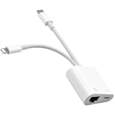 Адаптер USB-C и 8 Pin Male към ethernet RJ45 и захранващ 8 Pin Female за iPhone / iPad - бял (42844)