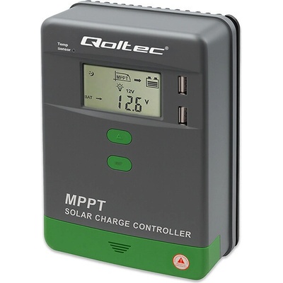 Qoltec 53660 MPPT solární regulátor 10A Ovládání přes Bluetooth aplikaci v mobilu 12V 24V LCD AGM GEL LiFePO₄