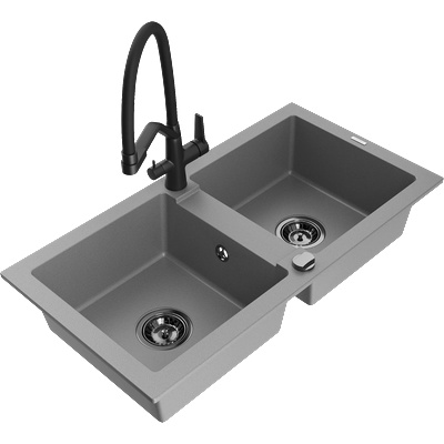 Mexen Mario гранитна мивка с 2 корита и кухненски смесител Duo, сив - 6504-71-671701-70-B (6504-71-671701-70-B)