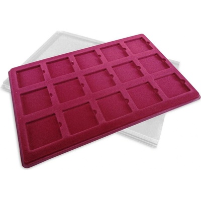 Schulz ČR Plato kazeta na mince potažené vínově červeným sametem s průhledným krytem 15 polí o rozměru 50 x 50 mm