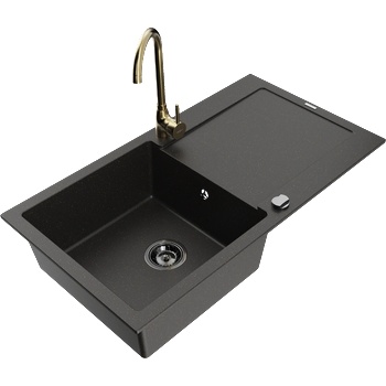 Mexen Leo гранитна мивка с 1 камера, с отцедник и кухненски смесител Telma, черно/златно металик - 6501-75-670200-50-B (6501-75-670200-50-B)