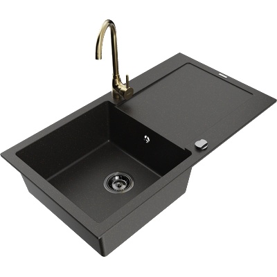 Mexen Leo гранитна мивка с 1 камера, с отцедник и кухненски смесител Telma, черно/златно металик - 6501-75-670200-50-B (6501-75-670200-50-B)