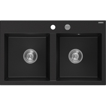 Mexen Hektor гранитна мивка с 2 отделения 800 x 480 мм, черен, хромиран сифон - 6521802000-77 (6521802000-77)