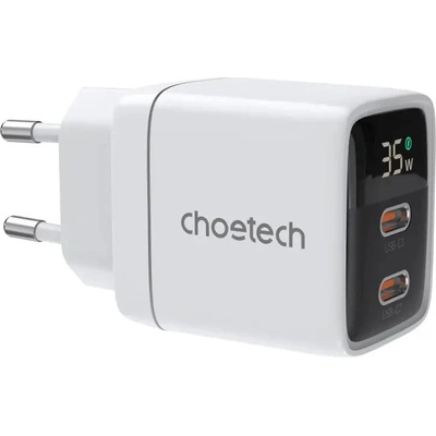Choetech Адаптер Choetech PD6051, 2x USB-C, PD 35W, GaN, с дисплей, бял (01.01.02.XX-PD6051-EU-WH)