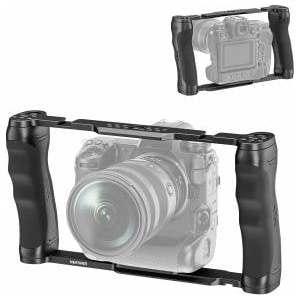 NEEWER video camera cage rig with Arca base, double handles, 3/8 ARRI mount & 1/4 thread, cold shoes, universal stabilizer compatible with SmallRig NEEWER base plate 15mm rods, CA016