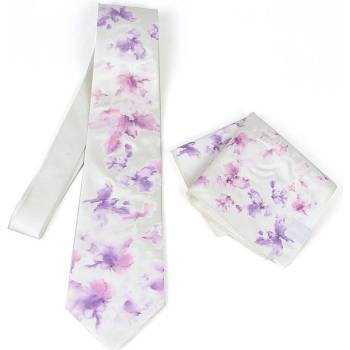 Hodvábna kravata + vreckovka fialové kvetiny