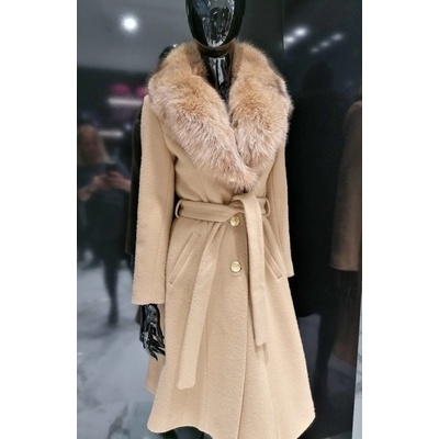 Max Original Leather vlnený kabát s líškou REBECCA FUR camello