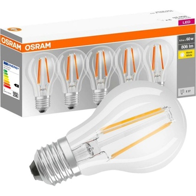 Osram Sada LED žiaroviek, 7 W, 806 lm, teplá biela, E27, 5 ks LED CLA60 7W/827 230V FIL E27 10X5