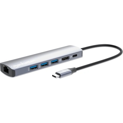 Manhattan USB HUB - USB-C PD 6-в-1: Type-C към HDMI, 3 USB-A порта, USB-C PD (100 W) и Gigabit RJ45 153959 (153959)