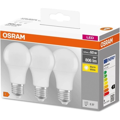 Osram Sada LED žiaroviek, 8,5 W, 806 lm, teplá biela, E27, 3 ks LED CLA60 9W/827 220-240VFR E27 3KS