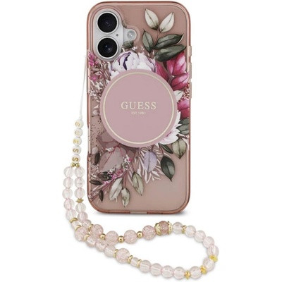 GUESS Дамски Калъф за iPhone 17, Guess IML Flowers Magsafe Strap Case, Розов (GUHMP17SHFWBRCESP)