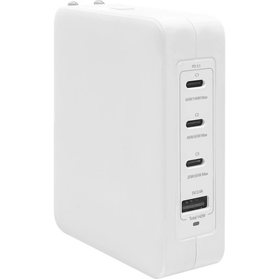 Macally Захранване за ел. мрежа за мобилни устройства с 1xUSB-A и 3xUSB-C изходи с технология за бързо зареждане и преходници за цял свят - Macally GaN Fast Wall Charger 142W (бял) (HOME142UCA)