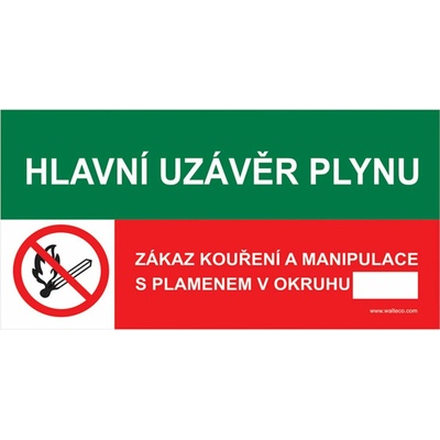 Walteco Hlavní uzávěr plynu/Zákaz kouření a manipulace s plamenem!, 150x80mm, samolepka , 20007