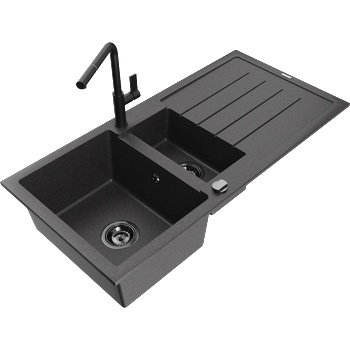 Mexen Andres гранитна мивка 1, 5-коморна с отцедник и кухненски смесител Flora, черен на пръски - 6515-76-670401-70-B (6515-76-670401-70-B)