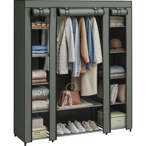 SONGMICS wardrobe, fabric wardrobe, with non-woven fabric cover, folding wardrobe with clothes rail, 45 x 150 x 175 cm, 12 shelves, metal frame, wardrobe for bedroom, sage green LSF003C02