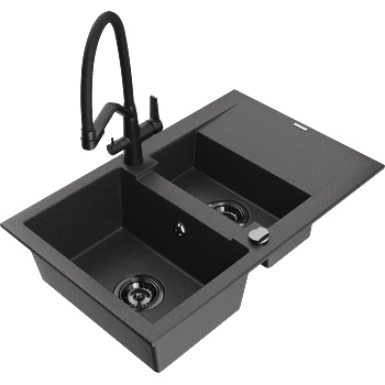 Mexen Gaspar гранитна мивка 1, 5-комплект с отцедник и кухненски смесител Duo, черен на точки - 6507-76-671701-70-B (6507-76-671701-70-B)