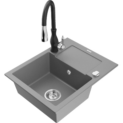 Mexen Enzo гранитна мивка с една камера с отцедник и кухненски смесител Savita, сив - 6506-71-672601-70 (6506-71-672601-70)