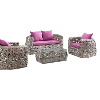 Horecano ГР-Градински сет СИВ (1маса+2 фотьойла+диван) (pvc ратан/алуминиева рамка) ЛИЛАВИ ВЪЗГЛАВНИЦИ (gg1013+2012) (0195231)