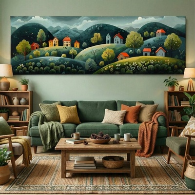 Obraz na plátně - Kopečky s vesnicí Viarel FeelHappy.cz Rozměr obrazu (Šířka x Výška): 120 x 40 cm