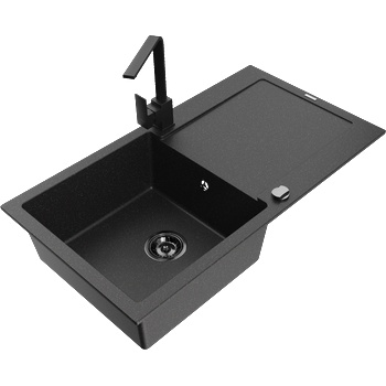 Mexen Leo гранитна мивка с 1 отделение и сушилник с кухненски смесител Rita, черен/сребърен металик - 6501-73-670300-70-B (6501-73-670300-70-B)