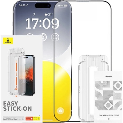 Baseus Sapphire Tempered Glass Film (0.30mm) - калено стъклено защитно покритие за дисплея на iPhone 15 Pro Max (черен-прозрачен)