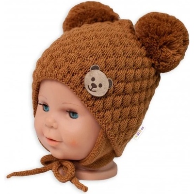 BABY NELLYS Zimná pletená čiapka Teddy na zaväzovanie hnedá