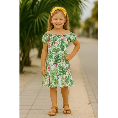 Fashionkids dievčenské ľahučké šaty Hispánka s tropickým vzorom zelená