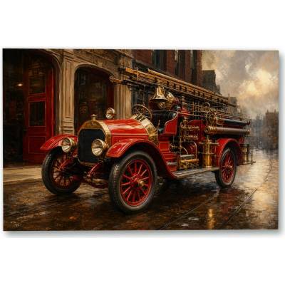Plakát – Historické hasičské auto v mokré ulici Bez rámu Ano Bez rámu 135 × 90 cm