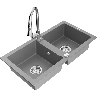 Mexen Mario кухненска мивка от гранит с 2 камери с кухненски смесител Elia, сив - 6504-71-670101-00 (6504-71-670101-00)