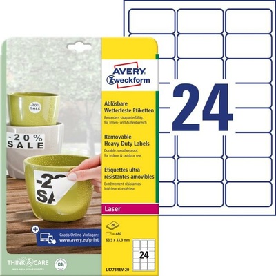 Etikety polyesterové 63,5x33,9mm Avery A4 biele odnímateľné 20 hárkov
