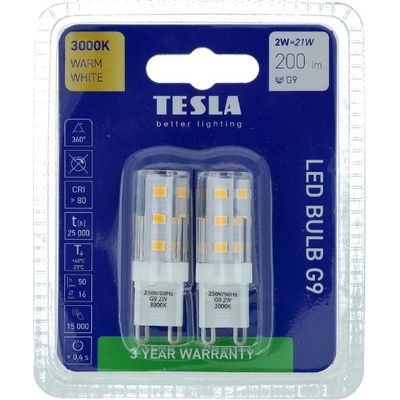 Tesla LED žárovka G9, 2W, 230V, 200lm, 3000K teplá bílá, 2ks