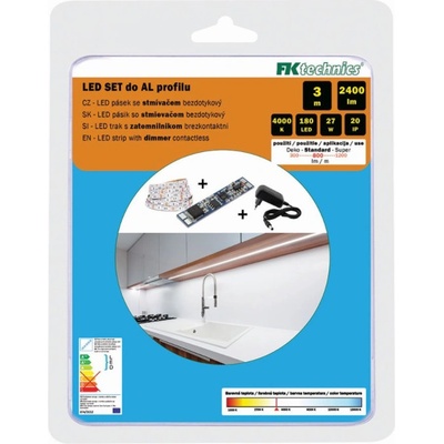 Sada LED pásku 3m s bezdotykovým stmívačem do AL profilu, 800Lm/m, 9W/m, bílá 4000K FK technics