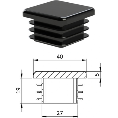 Krytka plastová 40 x 40 x 3 - 5 mm, černá