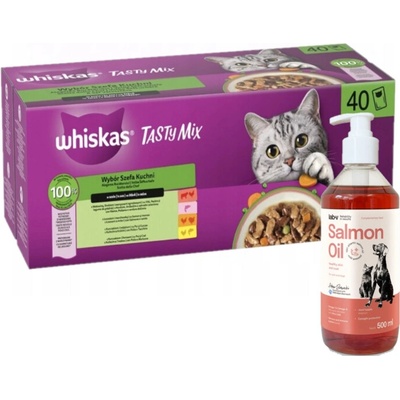 WHISKAS TASTY MIX Výběr šéfkuchaře v omáčce 40 x 85 g + Lab-v Lososový olej 500 ml