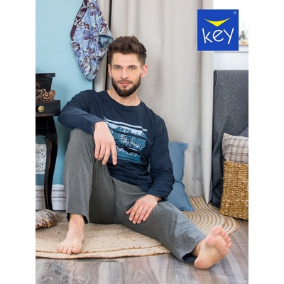 Key MNS 862 B22 pánské pyžamo dlouhé tm.modro šedé