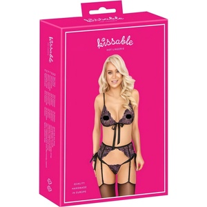 Kissable Целуващият комплект - черен сутиен с розово-лилави бродерии - l/xl