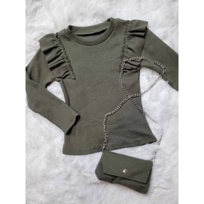 Dievčenské tričko dlhý rukáv s kabelkou khaki