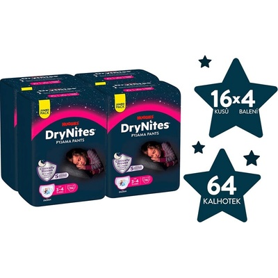 DryNites Natahovací kalhotky na noc pro dívky JUMBO box 3-4 roky / 12-21 kg / 4x16 ks