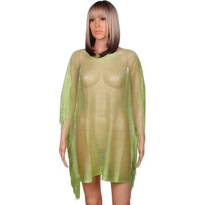 Мрежеста туника за плаж в зелен цвят с ресни