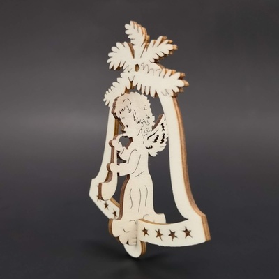AMADEA Dřevěná ozdoba 3D zvonek anděl se saxofonem 9 cm