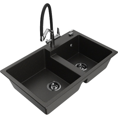 Mexen Tomas кухненска мивка гранитна 2-камерна с кухненски смесител Duo, черен/златен металик - 6516-75-671701-07-B (6516-75-671701-07-B)