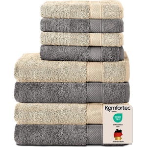 Komfortec set of 8 towels, 4 bath towels 70x140 cm & 4 hand towels 50x100 cm, 100% cotton terry cloth, fluffy and absorbent, anthracite/beige - 4er-50x100-und-4er-70x140-anth-beige (4er-50x100-und-4er-70x140-an