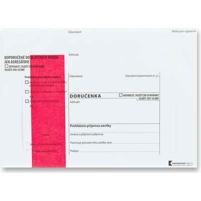 Krkonošské obálky Doručenka - B6, červený pruh, s poučením, 1000 ks
