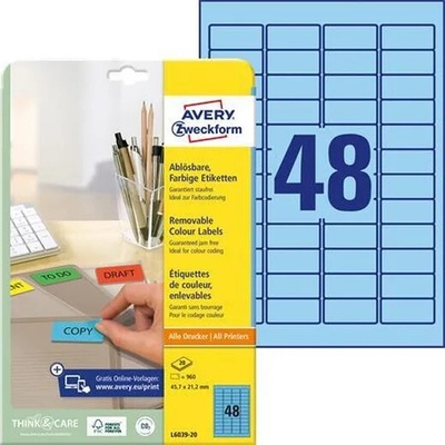 AVERY ZWECKFORM Etikety, univerzálne, 45,7x21,2 mm, odstrániteľné, zaoblené rohy, AVERY ZWECKFORM, 960 etikiet/bal, modré