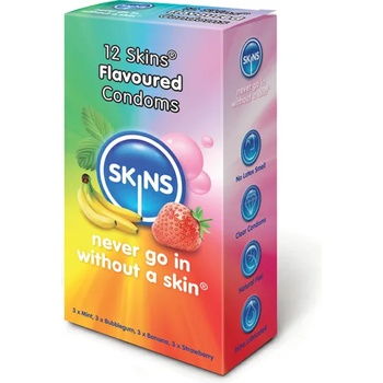 Skins Комплект презервативи Skins с вкус на ягода, банан, мента и дъвка 12 броя