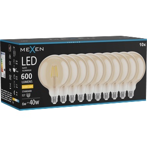 Mexen Vintis 10x LED филaментна крушка E27, G125, 6W, Топла - 2700K, 600 lm, кехлибар (L158-E27-0627-50x10)
