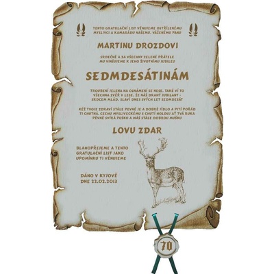 Dřevo Novák Gratulace myslivec č.727 pergamen z překližky