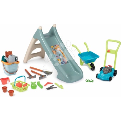 Smoby Set šmykľavka s vlhčením a fúrik s kosačkou Zvieratká XS Slide Little dĺžka šmyku 90 cm a vedro set Hrad