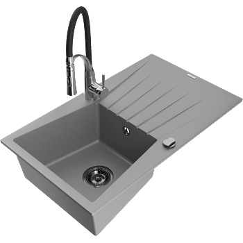 Mexen Cesar гранитна мивка с 1 корито, с отцедник и кухненски смесител Aster, сив - 6514-71-73450-07-B (6514-71-73450-07-B)